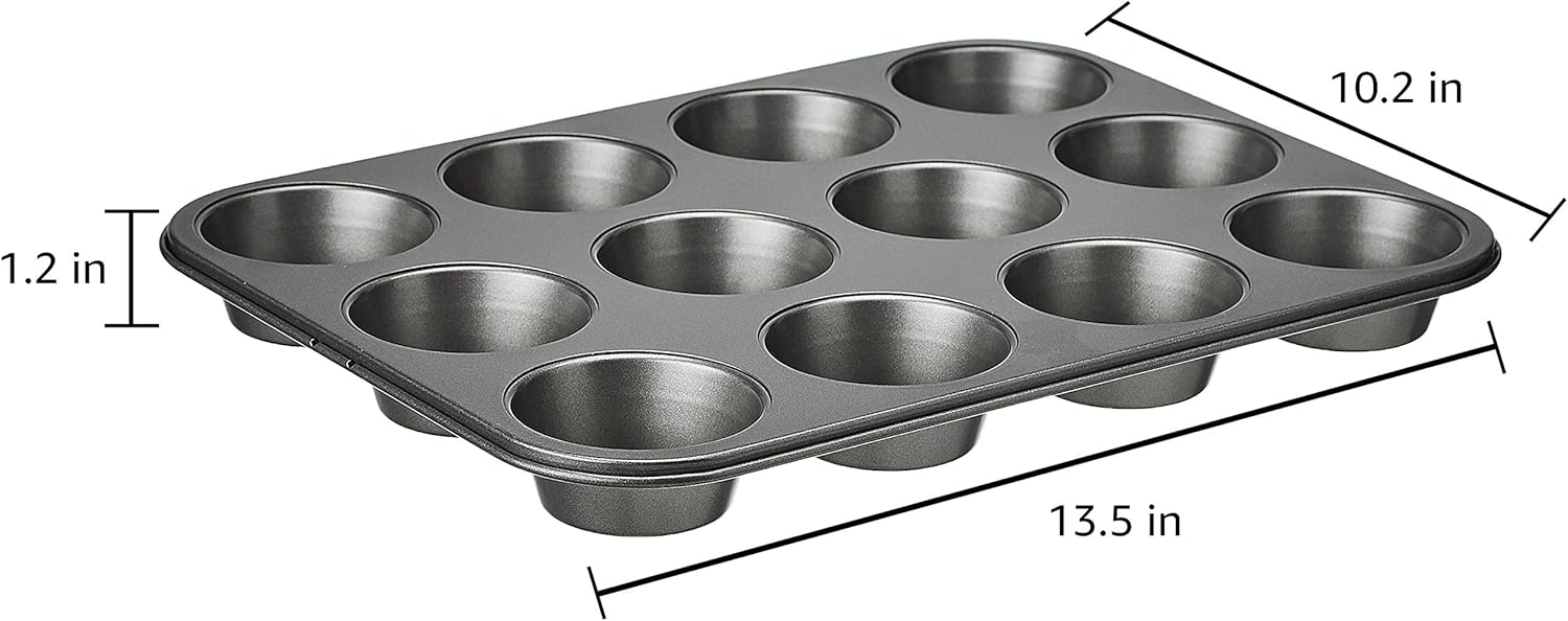 Amazon Basics Nonstick Muffin Pan, Set of 2, Sturdy, Oven Safe, Bakes Evenly, Easy to Clean, 12 Cups, Gray, 13.9x10.55x1.22"