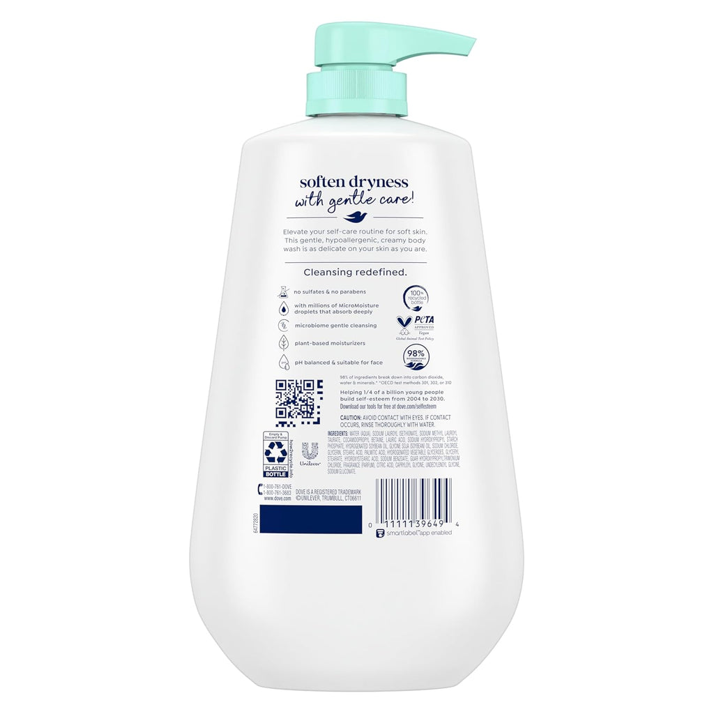 Dove Body Wash with Pump Sensitive Skin For 24hr Lotion-Soft Skin Moisturizing Skin Cleanser Gentle Hypoallergenic Formula with No Sulfates No Parabens 30.6 oz