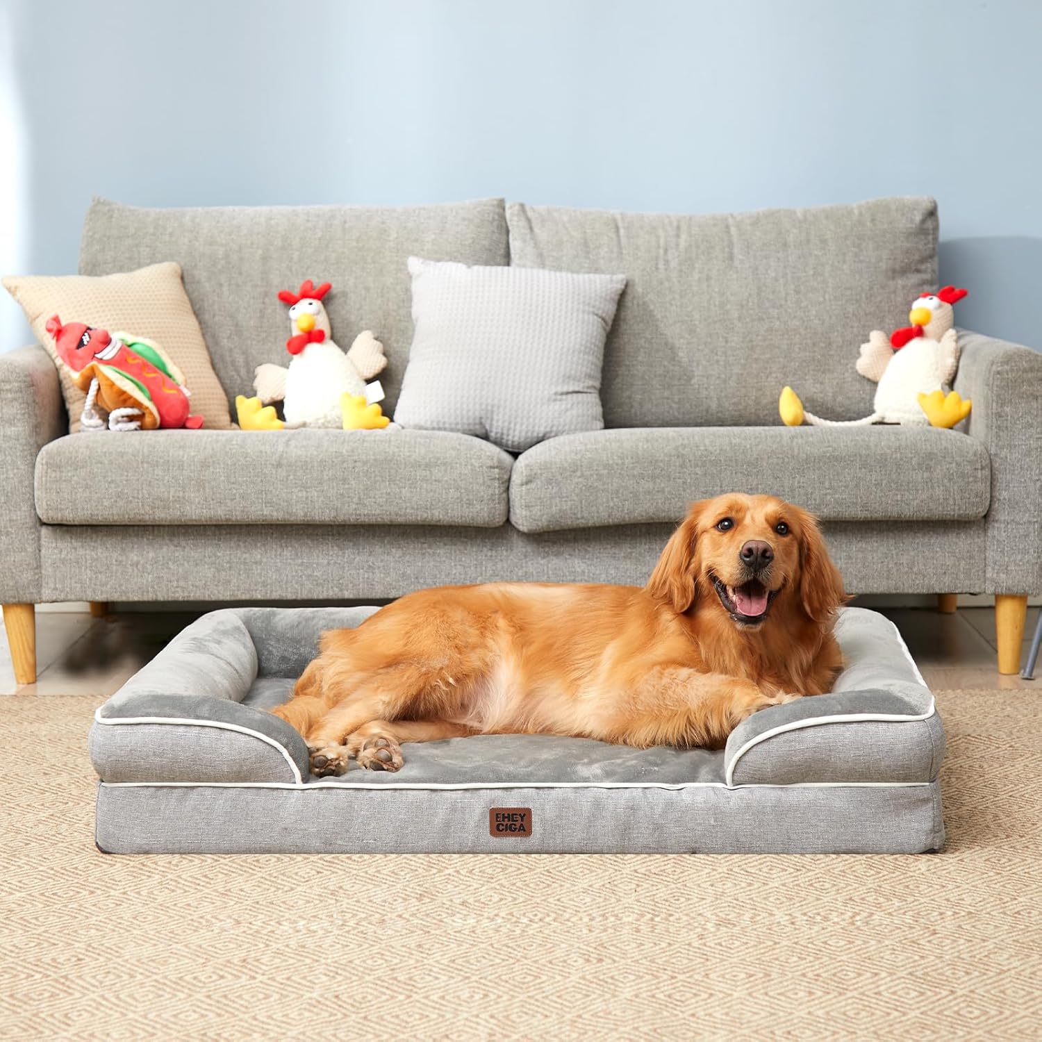 EHEYCIGA Orthopedic Dog Beds for Extra Large Dogs 44x32Inch, Waterproof Memory Foam XL Pet Bed with Sides, Non-Slip and Egg-Crate Foam Big Dog Couch Bed with Washable Removable Cover, Grey