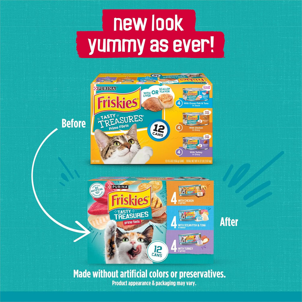 Purina Friskies Wet Cat Food Variety Pack, Tasty Treasures Prime Filets (With Ocean Fish and Tuna, With Chicken and With Turkey) - 5.5 Ounce (Pack of 12)
